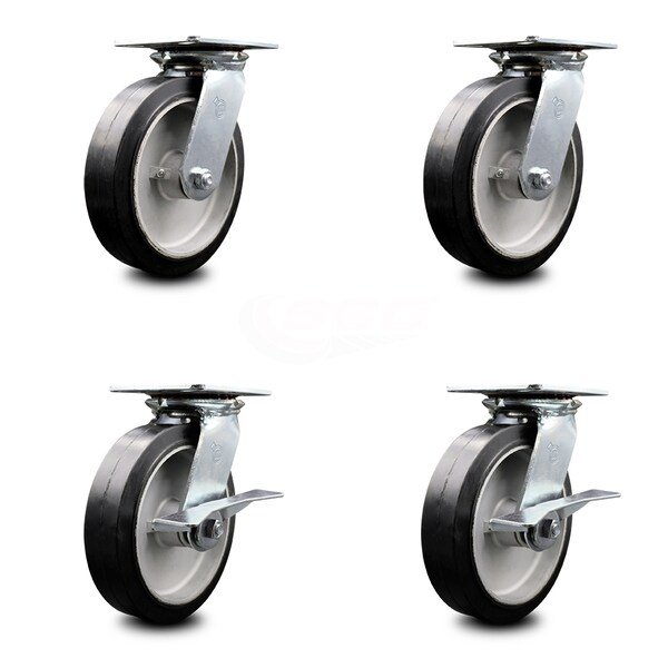 Service Caster 8 Inch Rubber on Aluminum Swivel Caster Set with Roller Bearings 2 Brakes SCC SCC-35S820-RAR-2-SLB-2 - main
